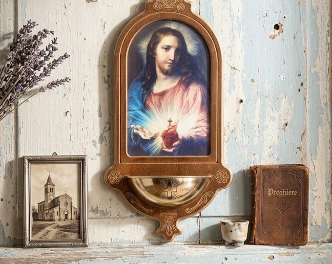 Holy water stoup in walnut-stained birch wood with gold inserts, 38 cm (14.96 inches), various subjects available, made in Italy