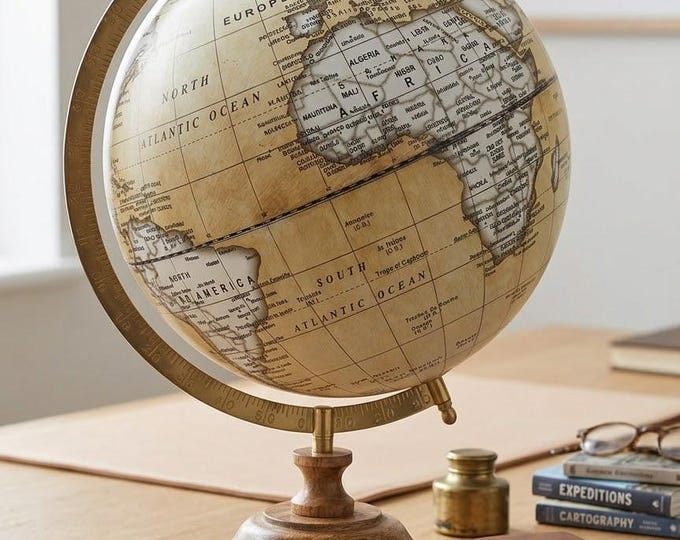 World Map, Globe with wooden base, height 41 cm (16.14 inch) diameter 25 cm (9.84 inch), handcrafted, made in Italy