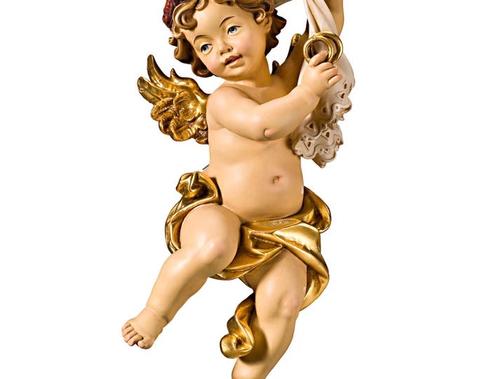 Angel sculpture, putto with wedding rings, carved in Valgardena wood and decorated by hand, various sizes, handcrafted in Italy