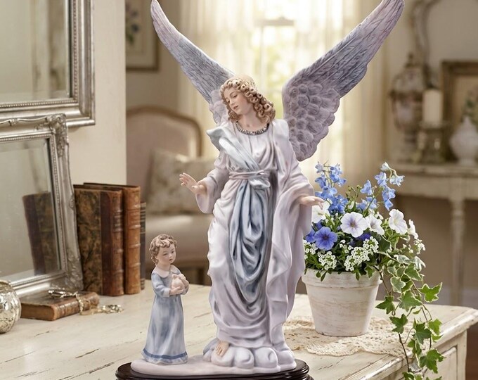 Guardian Angel statue with child, 56 cm (22 inches), made of alabaster powder, wooden base, hand-decorated, made in Italy