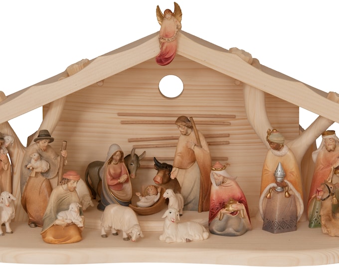 Nativity scene set carved in Valgardena wood, decorated by hand, 21 pieces with hut, various sizes, Italian handicraft production
