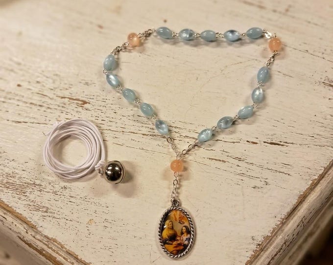 Saint Anne's Rosary with angel caller necklace, mother-of-pearl beads, 10 x 7 mm bead size, handcrafted in Italy