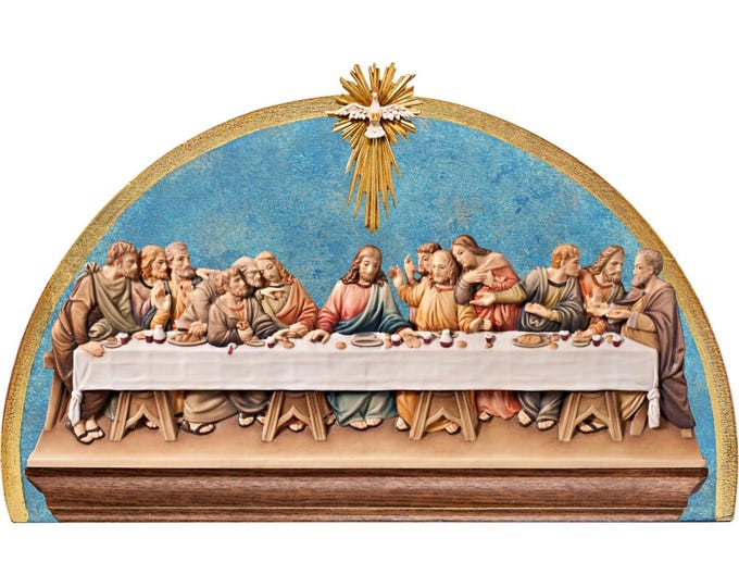 Bas-relief sculpture of the Last Supper, to hang, carved in Valgardena wood, hand-decorated, Italian artisan production