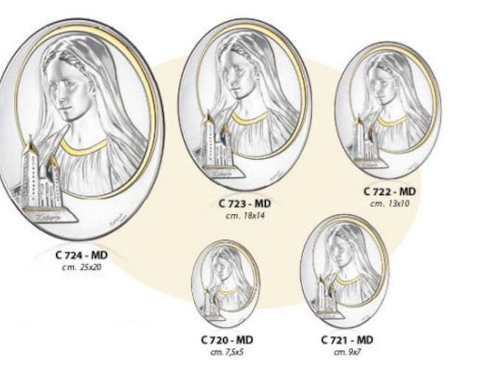 Wooden picture with oval silver plaque of the Madonna of Medjugorje, various sizes available, of Italian artisan production