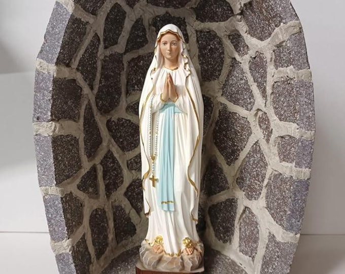 Porphyry cave 41.5 x 29.5 cm with statue of the Madonna of Lourdes 30 cm in marble resin handmade in Italy