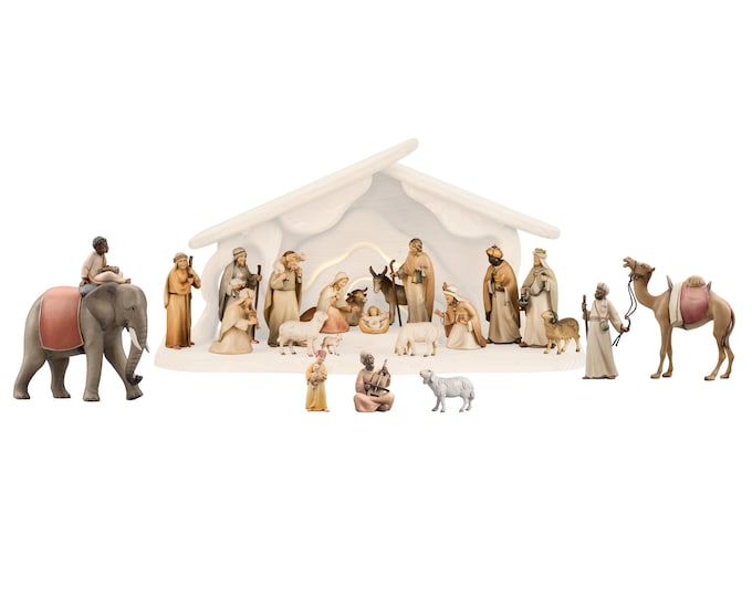 Complete nativity scene 24 pieces (without stable) carved in Valgardena wood, decorated by hand, various sizes, Italian artisan production