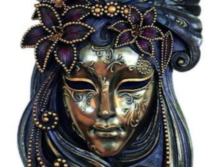 Venetian Lily Mask, 34 cm (13.38 inches) in bronzed resin marble, handcrafted in Italy