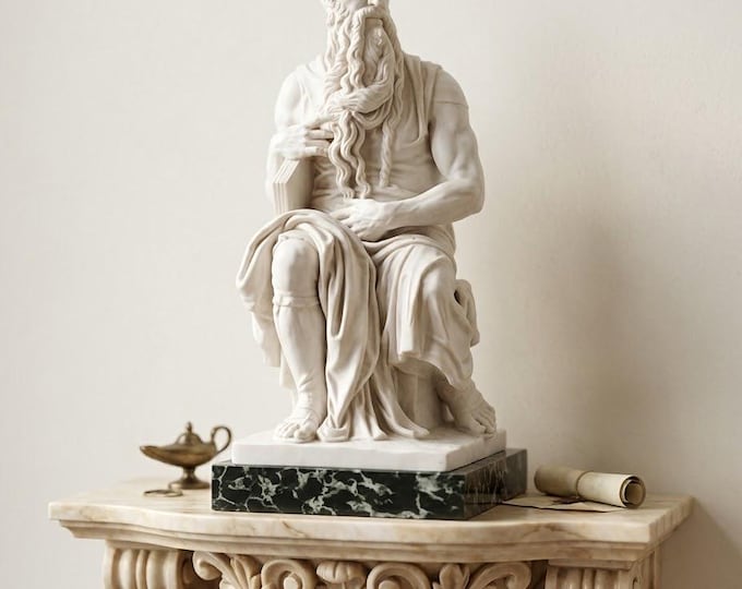 Classical sculpture "Moses by Michelangelo", 47 cm (18.50 inches) in alabaster powder, marble base, handcrafted, made in Italy