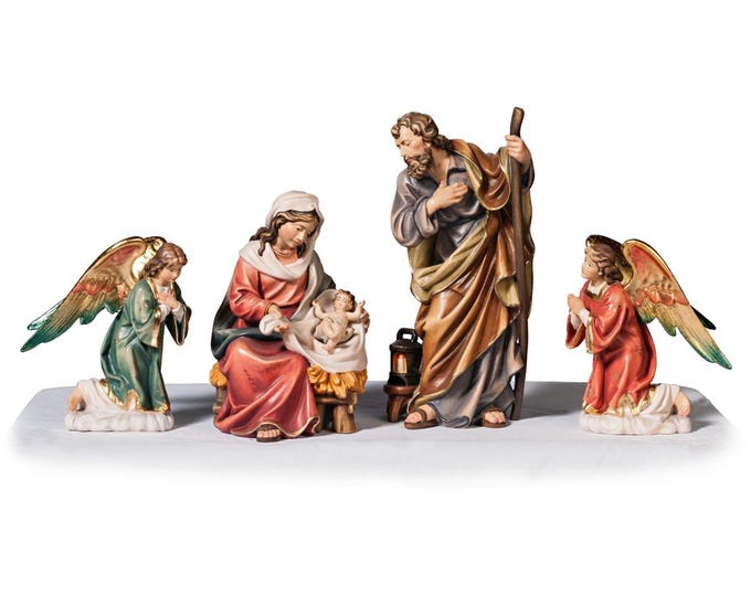 Complete 5-piece nativity scene, carved from Valgardena wood and hand-decorated, various sizes available, Italian artisan production