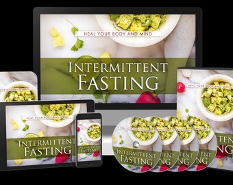 May include: A collection of digital products about intermittent fasting, including a computer screen, tablet, phone, and DVDs. The products all feature a green and white background with the text "Heal Your Body and Mind" and "Intermittent Fasting".