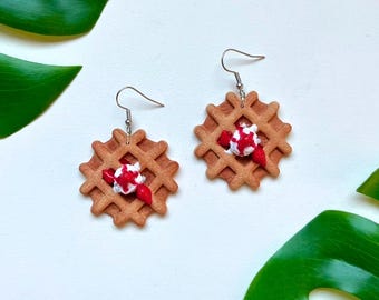 Strawberry Waffle Earrings | Handmade Polymer Clay Jewelry | Sweets Collection