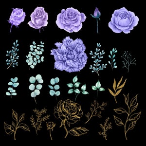 Bunch of purple blue peony and roses digital instant download.
