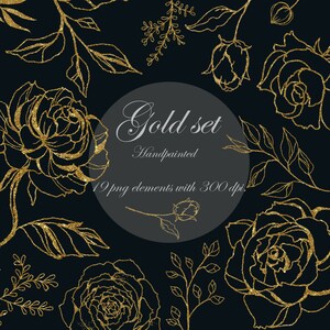 Imágenes prediseñadas de flores doradas, rosas digitales elegantes, peonías, hojas PNG con fondo transparente