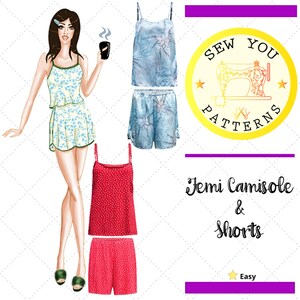 May include: A sewing pattern for a cami top and shorts set. The pattern includes two different designs, one with a floral print and one with red polka dots. The pattern is labeled "Jemi Camisole & Shorts" and is rated "Easy".