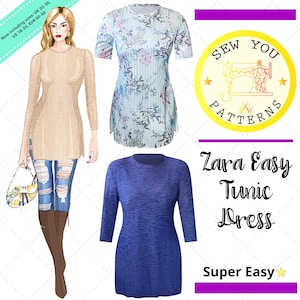 May include: A sewing pattern for a tunic dress, with the text "Zara Easy Tunic Dress" and "Super Easy" on the image. The pattern includes sizes UK 22-30, US 18-26, EUR 50-58.