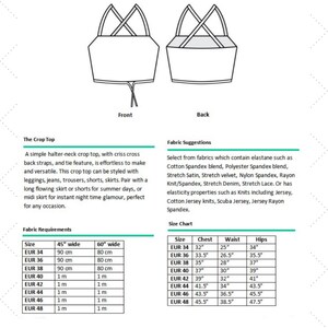 May include: A black and white line drawing of a halter-neck crop top with criss-cross straps in the back. The image shows the front and back views of the top. The text below the image includes the title "The Crop Top" and a description of the top. The text also includes a size chart with measurements in inches and centimeters. The size chart includes the following sizes: EUR 34, EUR 36, EUR 38, EUR 40, EUR 42, EUR 44, EUR 46, EUR 48. The size chart includes the following measurements: Chest, Waist, Hips.