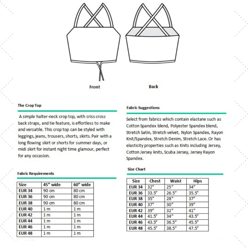May include: A black and white line drawing of a halter-neck crop top with criss-cross straps in the back. The image shows the front and back views of the top. The text below the image includes the title "The Crop Top" and a description of the top. The text also includes a size chart with measurements in inches and centimeters. The size chart includes the following sizes: EUR 34, EUR 36, EUR 38, EUR 40, EUR 42, EUR 44, EUR 46, EUR 48. The size chart includes the following measurements: Chest, Waist, Hips.