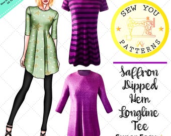 Women's Easy Dipped Hem Longline Tee | Dipped Hem Tee|  PDF Sewing Pattern | PDF printable sewing pattern | Pull-over Longline Tee Pattern