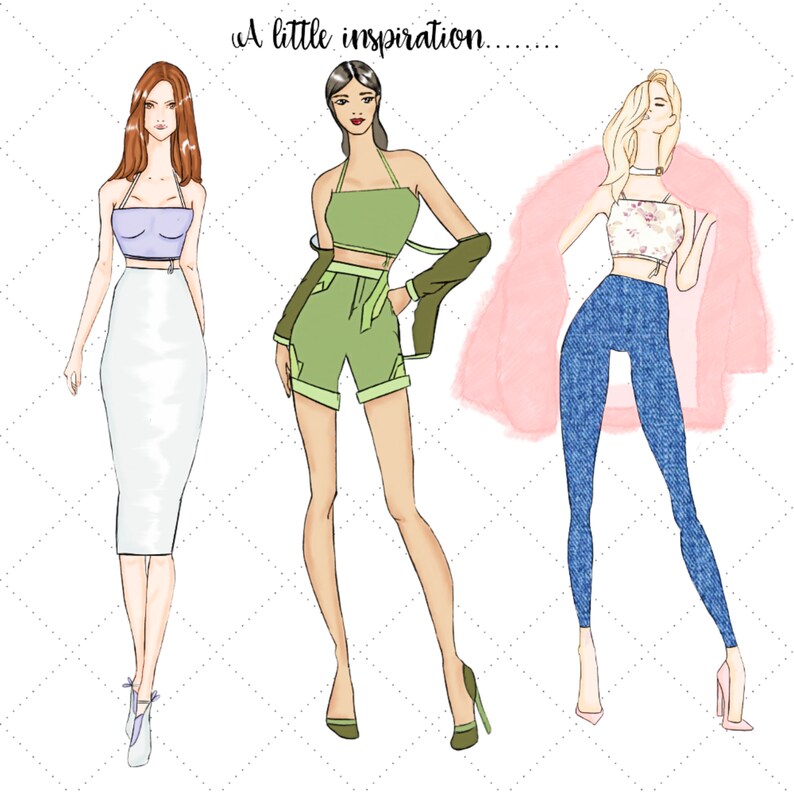 May include: Three fashion illustrations of women wearing different outfits. The woman on the left is wearing a white skirt and a lavender crop top. The woman in the center is wearing a green crop top and shorts with a green jacket. The woman on the right is wearing a floral crop top, blue jeans, and a pink fur jacket.