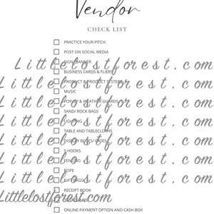 May include: A black and white checklist titled "Vendor Check List" with handwritten font. The list includes items like "Practice Your Pitch," "Post on Social Media," and "Receipt Book." The website "littlelostforest.com" is also visible.