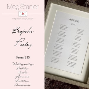 Poesía personalizada para lecturas de bodas, invitaciones, tarjetas de agradecimiento, carteles de bienvenida, cumpleaños, jubilaciones y renovaciones de votos. Poesía personalizada.