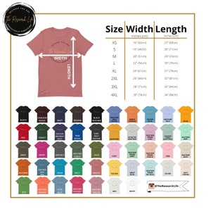 May include: A size chart for t-shirts with measurements in inches and centimeters. The chart shows the width and length of the shirts in different sizes, from XS to 4XL. The chart also includes a color palette of 36 different colors for the t-shirts.