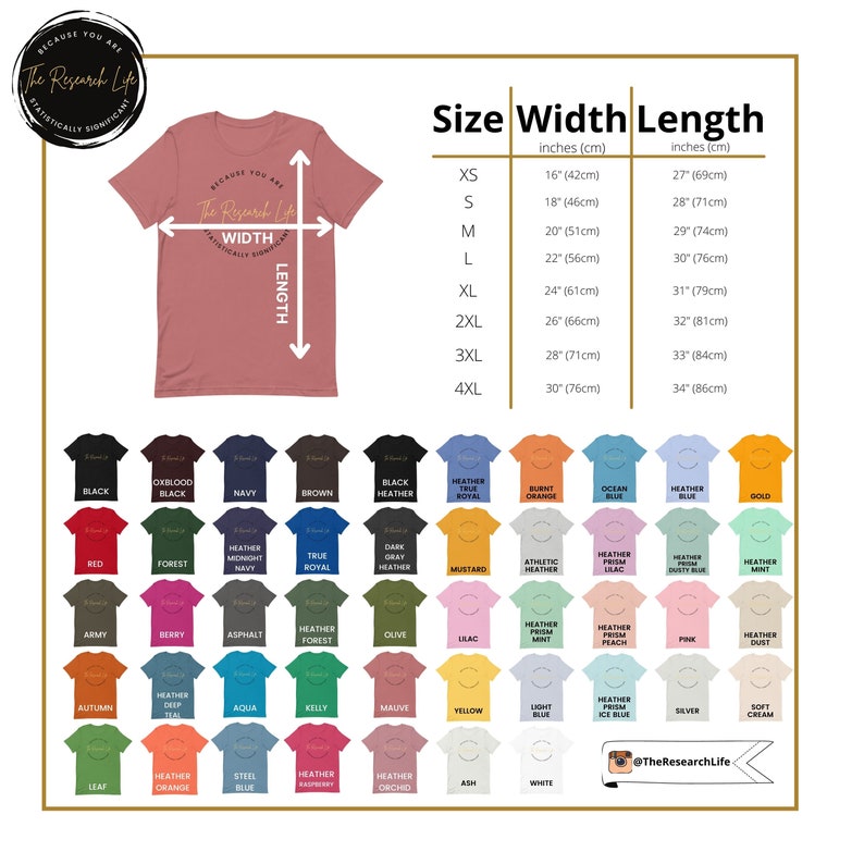 May include: A size chart for t-shirts with measurements in inches and centimeters. The chart shows the width and length of the shirts in different sizes, from XS to 4XL. The chart also includes a color palette of 36 different colors for the t-shirts.