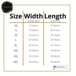 May include: Size chart for clothing with measurements in inches and centimeters. The chart shows the width and length of clothing in sizes XS, S, M, L, XL, 2XL, 3XL, and 4XL.