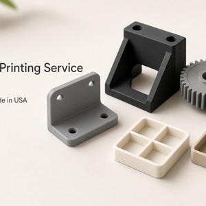 May include: A collection of 3D printed objects including a grey L-shaped bracket, a black mounting block, two grey circular gears, a white square grid, and a tan rectangular grid. The text reads Custom 3D Printing Service, Send Your STL, Made in USA.