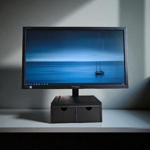 May include: A black computer monitor with a blue seascape wallpaper featuring a sailboat, resting on a black monitor stand that includes two integrated storage drawers with circular cutouts for handles, positioned on a flat surface.
