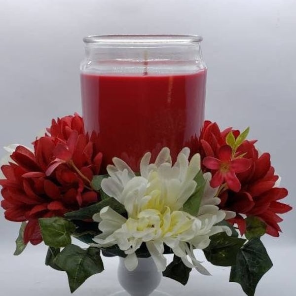 Candleholder Table Centerpiece Candle Ring 3 inch Pillar Kitchen Dining Table Deep Red White Mums Flowers Spring Summer Floral Wrap Base