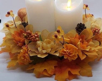 Floral Arrangement Fall Candle Ring Home Decor Mini Wreath Candleholder Base, Kitchen Dining Table Orange Cream Berries Pumpkin Pinecones