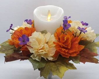 Fall Floral Candle Ring Centerpiece.   Candleholder Flower Base for Table Arrangement.  Easy Accent Home Decor Gift.