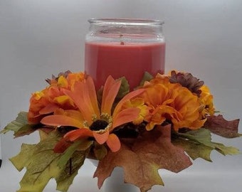Autumn Candle Ring Centerpiece Fall Mini Wreath Flower Arrangement Base Floral Wrap Home Decorating Accent Orange Dahlias Fall Leaves