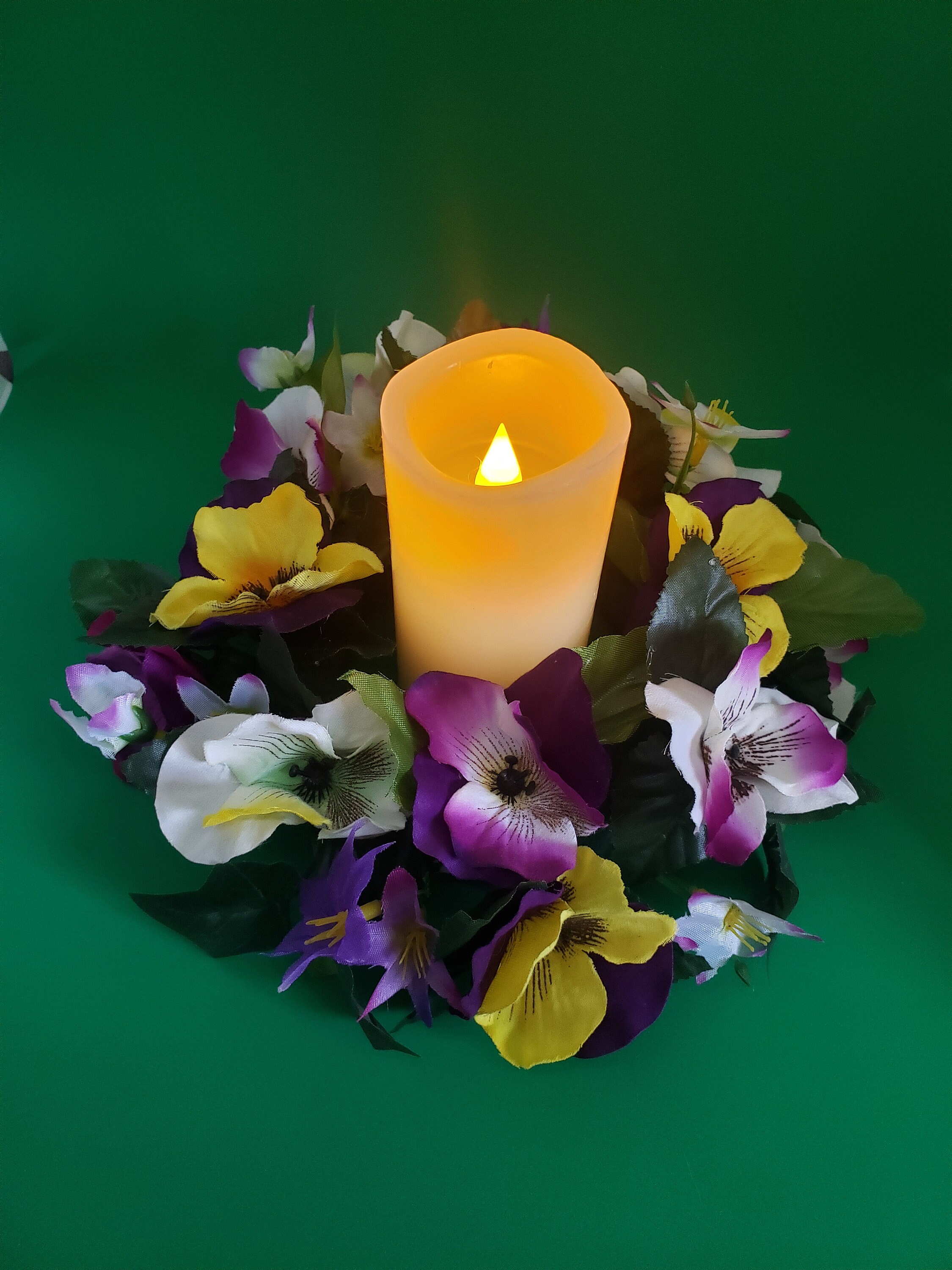 Candle Ring Wreath Centerpiece Floral Purple Yellow & White Etsy