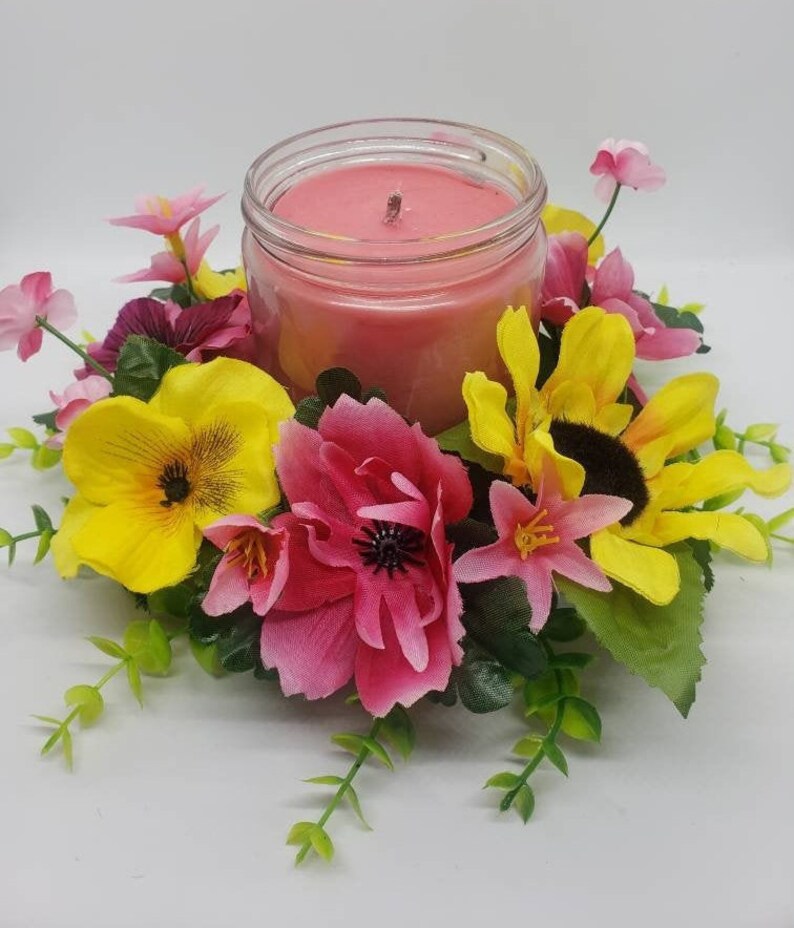 Candle Ring, Candle Wreath, Floral 3 Inch Pillar Candle Base, Pink and
