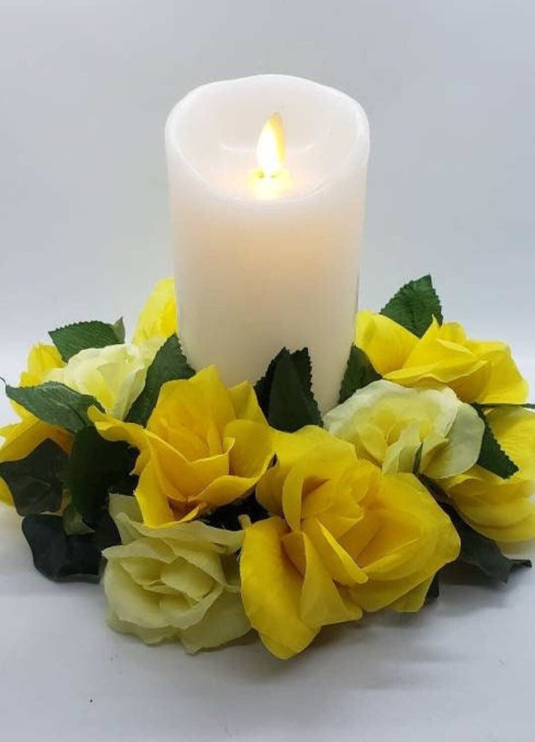 Candle Ring Floral Centerpiece Yellow Roses and Greenery. Yellow Artificial Roses Candle Holder