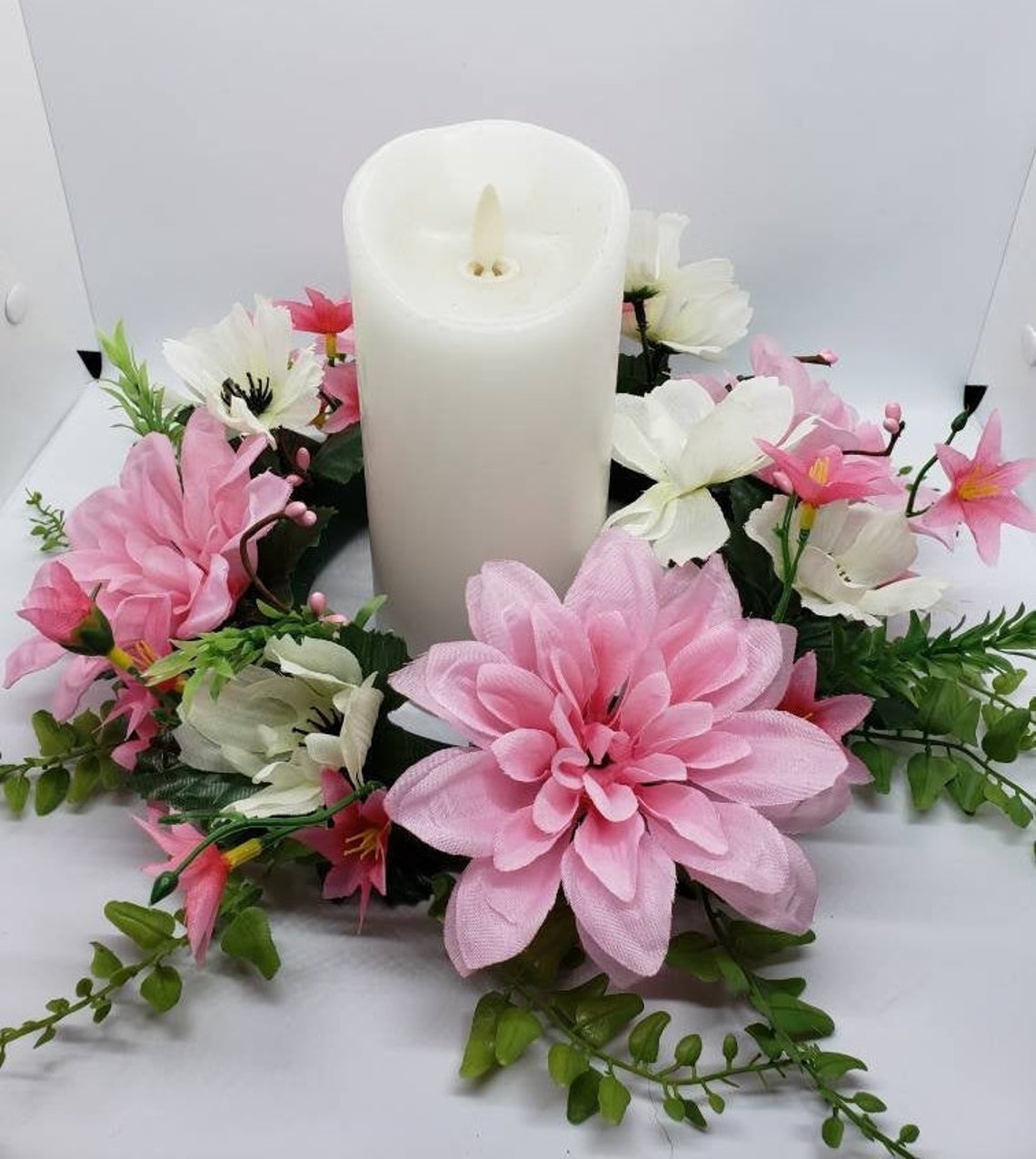 13 Floral Wreath Candle Ring Base Pink and White Shades Etsy