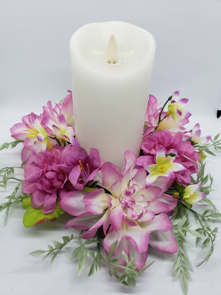 Candle Ring Wreath Floral Pillar Base Assortment of Magenta Etsy