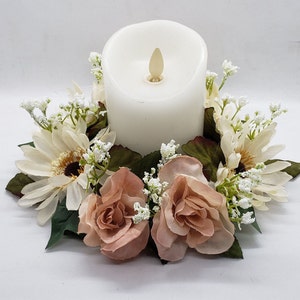 Candle Ring Floral Centerpiece Cream Daisy and Pink Rose Candle Ring or Base, Floral Ring, Home, Kitchen, Table Decor, Handmade Arrangement