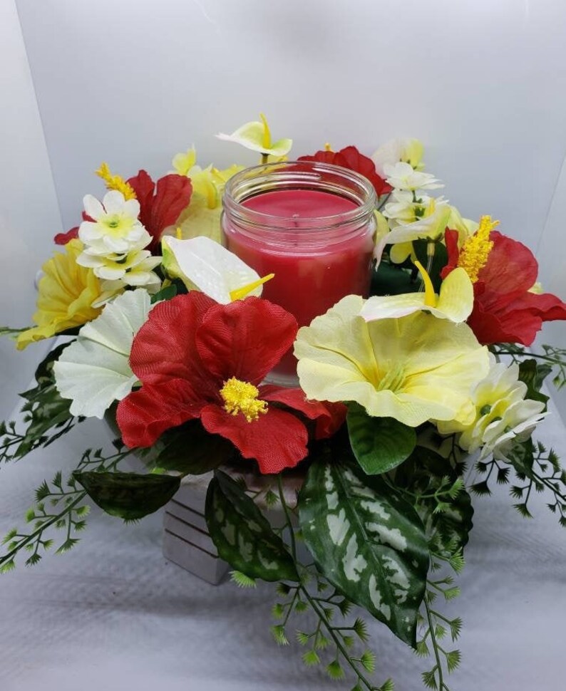 13 Floral Wreath Candle Ring Base, Red Hibiscus and Yellow Petunias Etsy