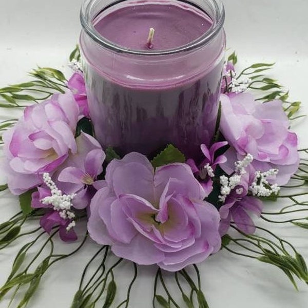 Candle Ring Floral Centerpiece Ranunculus Roses in Lavender Shades with Baby's Breath and Greenery