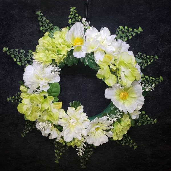 Wreath 13-inch Floral Candle Ring Spring Summer Wall Hanging Interior Easy Home Decor White  Lime Green Cosmos Asters Hydrangeas Flowers