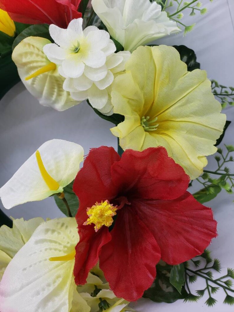 13 Floral Wreath Candle Ring Base, Red Hibiscus and Yellow Petunias Etsy