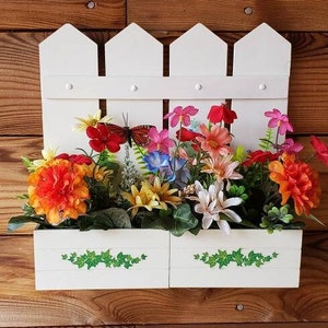 Floral Arrangement Wood Planter.  White Wood Picket Fence Handmade Spring Home Decor.