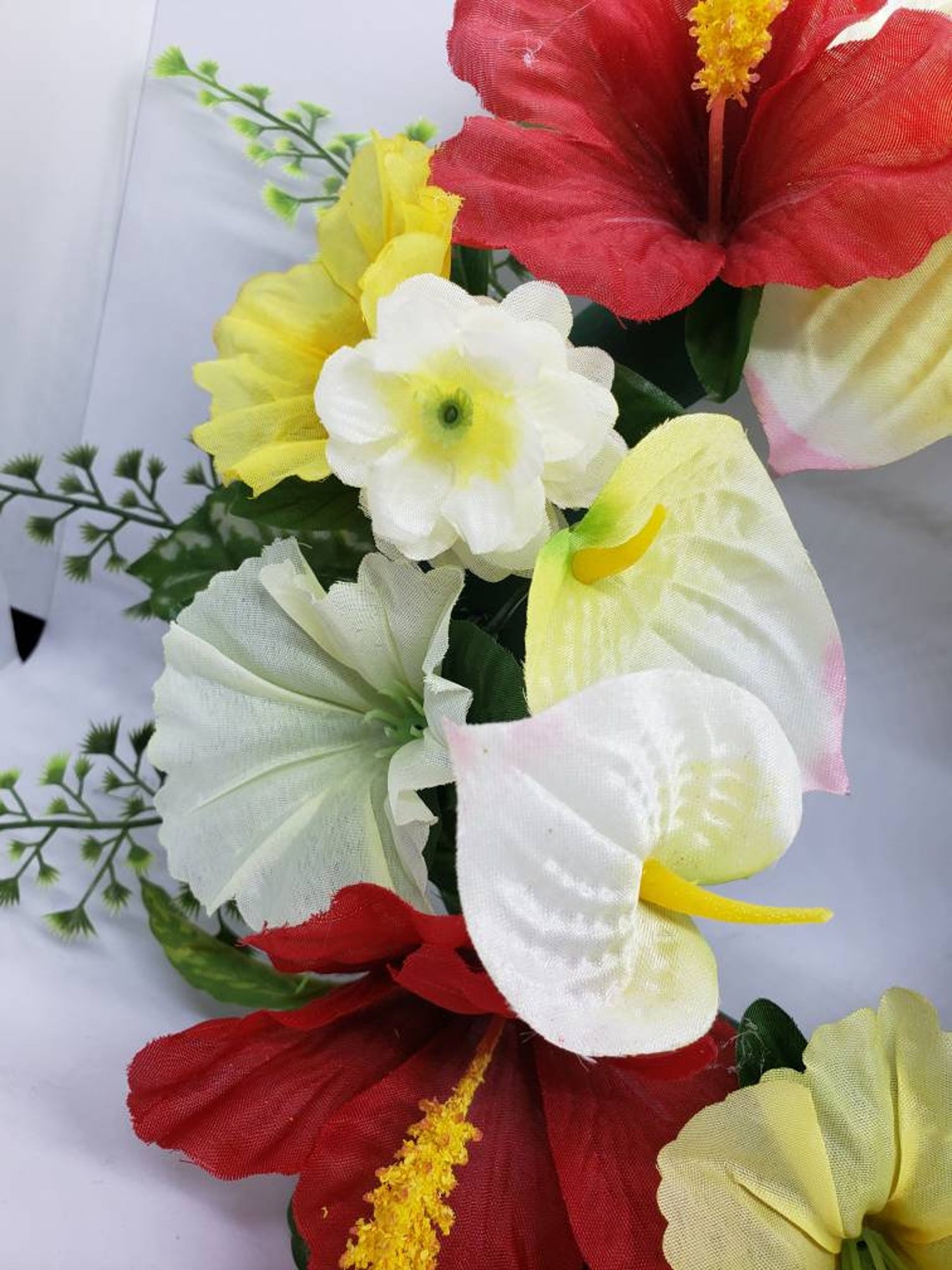 13 Floral Wreath Candle Ring Base, Red Hibiscus and Yellow Petunias Etsy