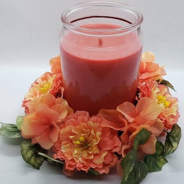 Candle Ring Two-Tone Coral Zinnias Floral Pillar Candleholder or Centerpiece