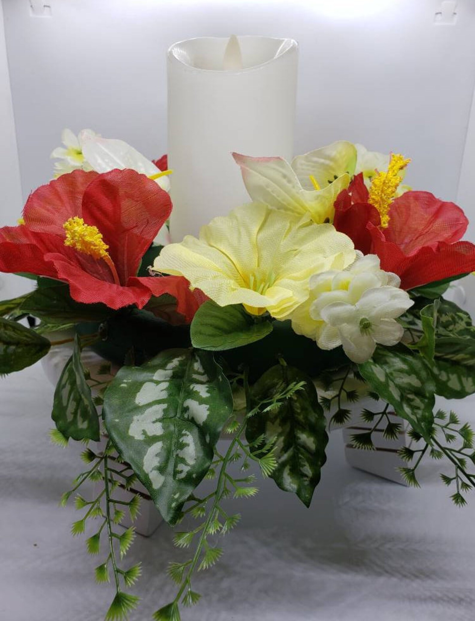 13 Floral Wreath Candle Ring Base, Red Hibiscus and Yellow Petunias Etsy