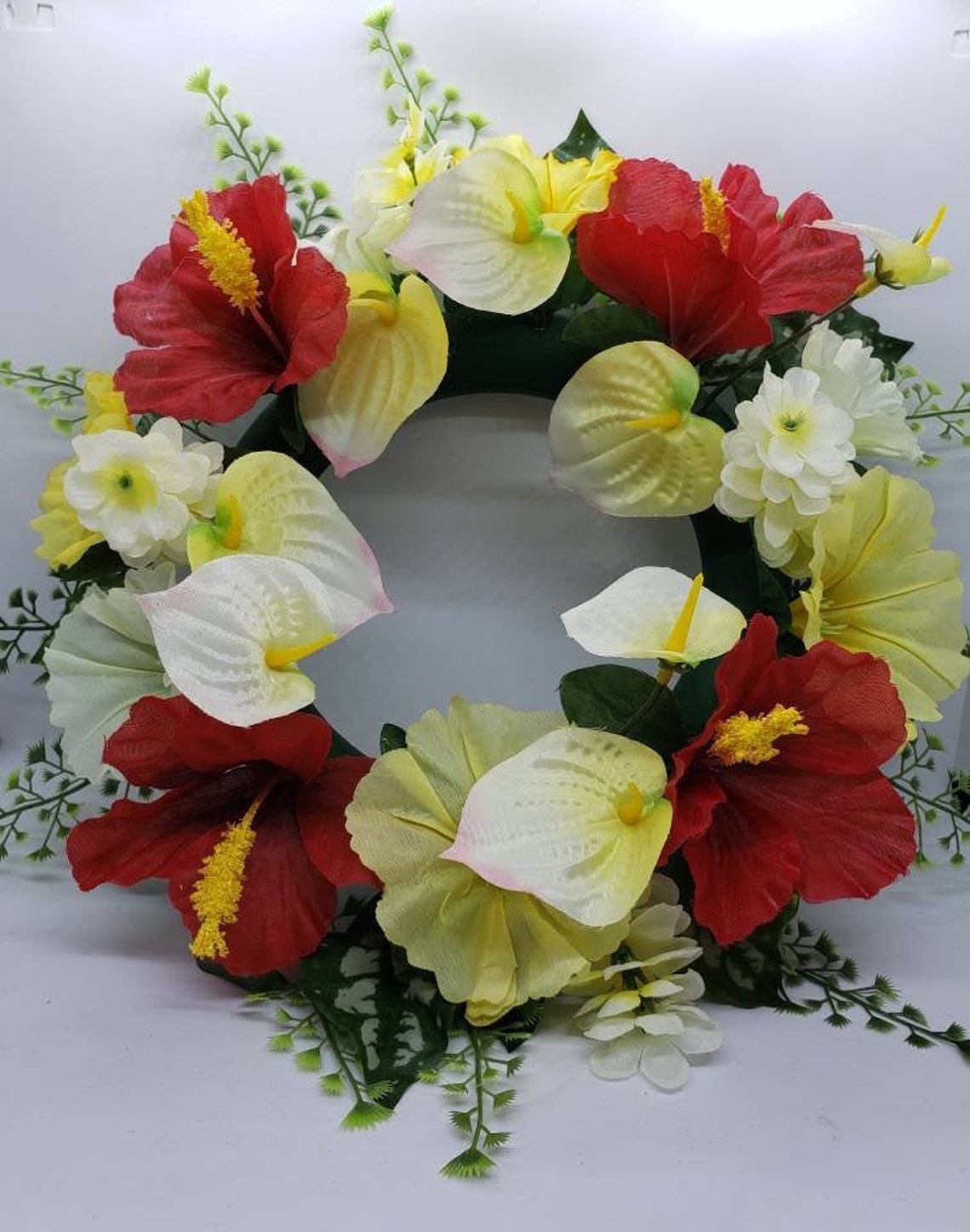 13 Floral Wreath Candle Ring Base, Red Hibiscus and Yellow Petunias Etsy