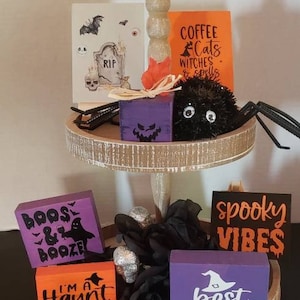 Halloween Tiered Tray Decor Wood Accent Decorative Sign Coffee Cats Witches Spells Small Mini Mantel Entryway Office Kitchen Shelf Seasonal